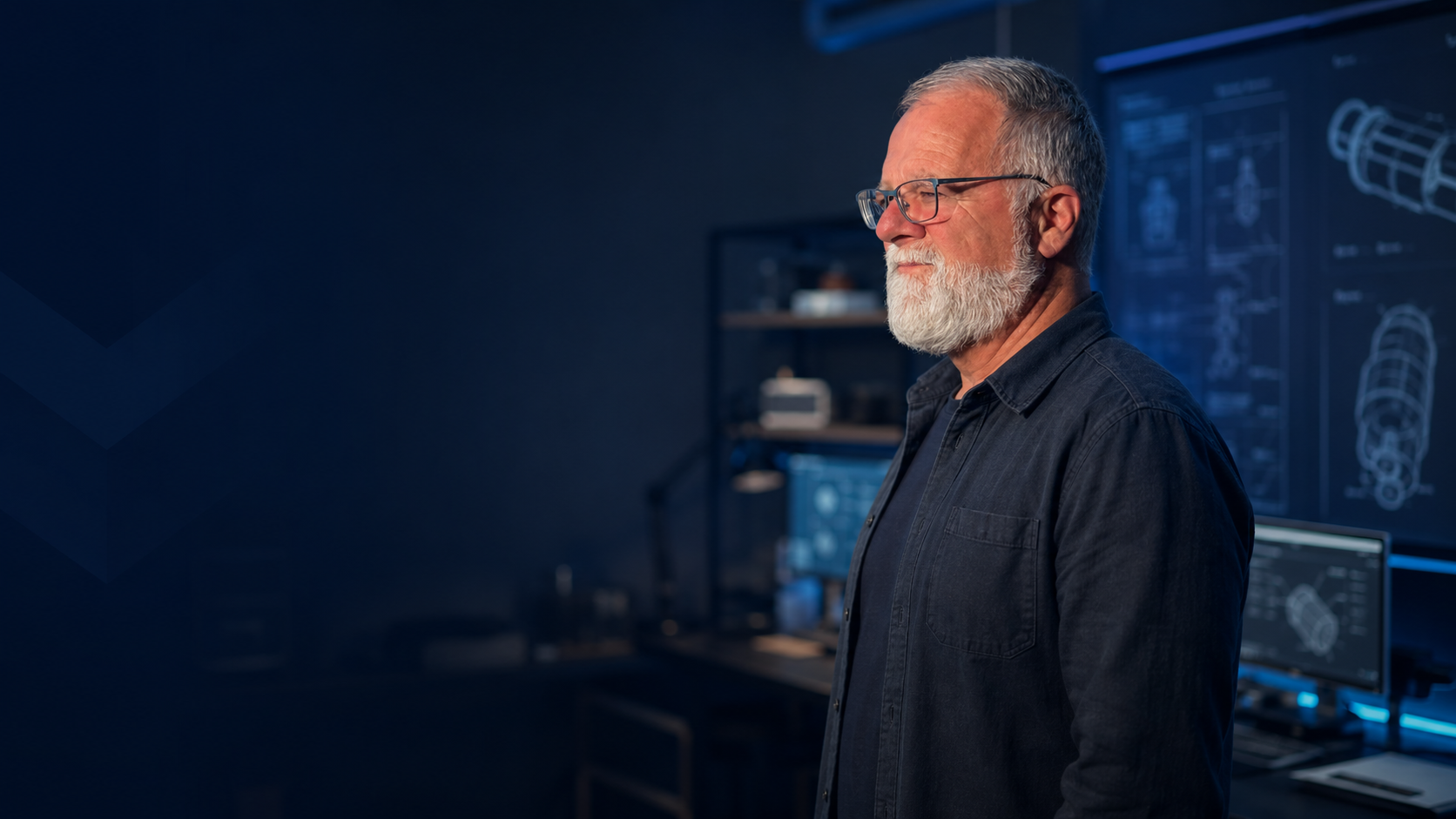 Paul McCrorey in his studio, reviewing product engineering visuals