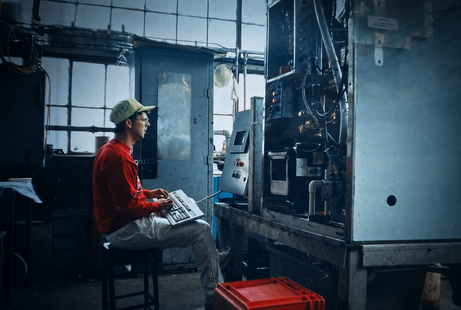 Paul McCrorey building an automated test stand during his co-op at Henry Vogt Machine Company